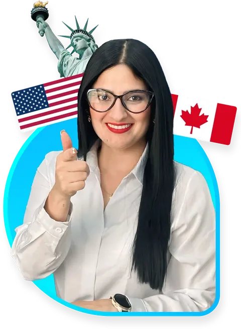 Juliana, asesora de Reagendar, con las banderas de EE. UU. y Canadá