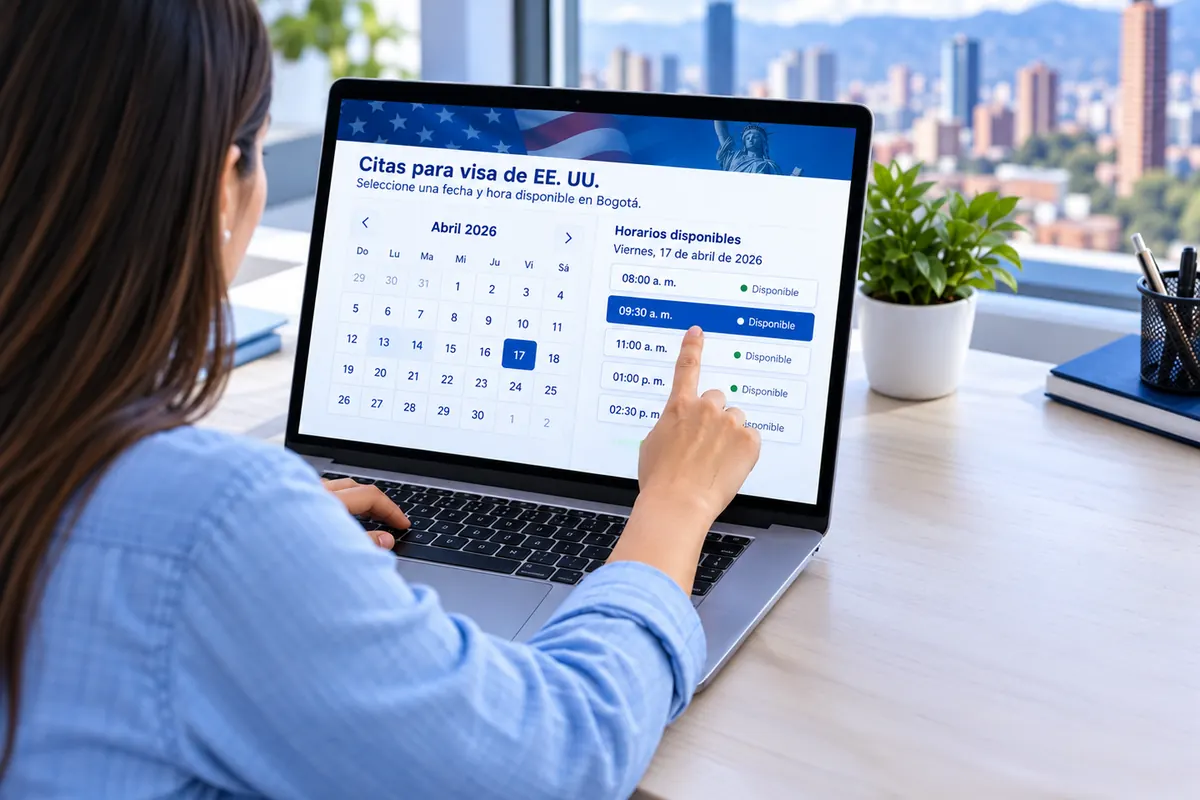 Mujer revisando en su portátil el calendario de citas de visa para EE. UU.
