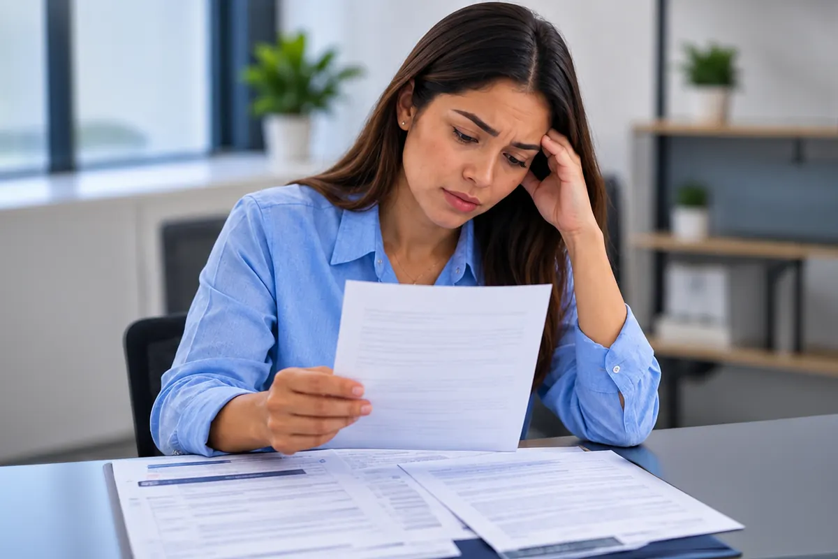 Mujer preocupada leyendo la carta de negación de su visa americana